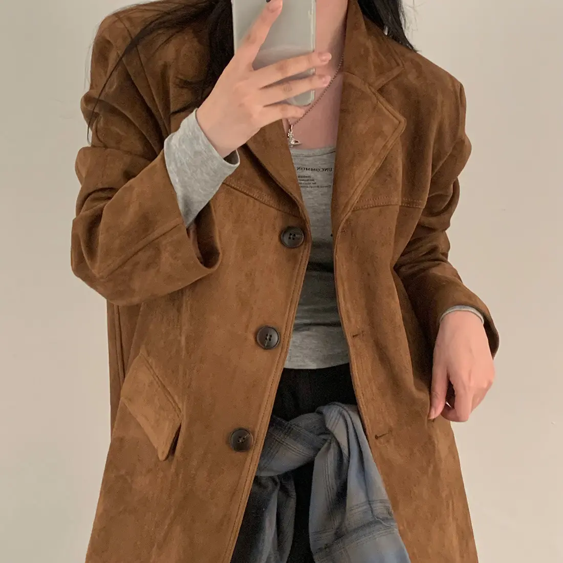 Suede Coat Lazy Commute Style Women's Thickened Long Sleeve Pure Color Single Button Closure Fall Winter Loose Fit Jacket