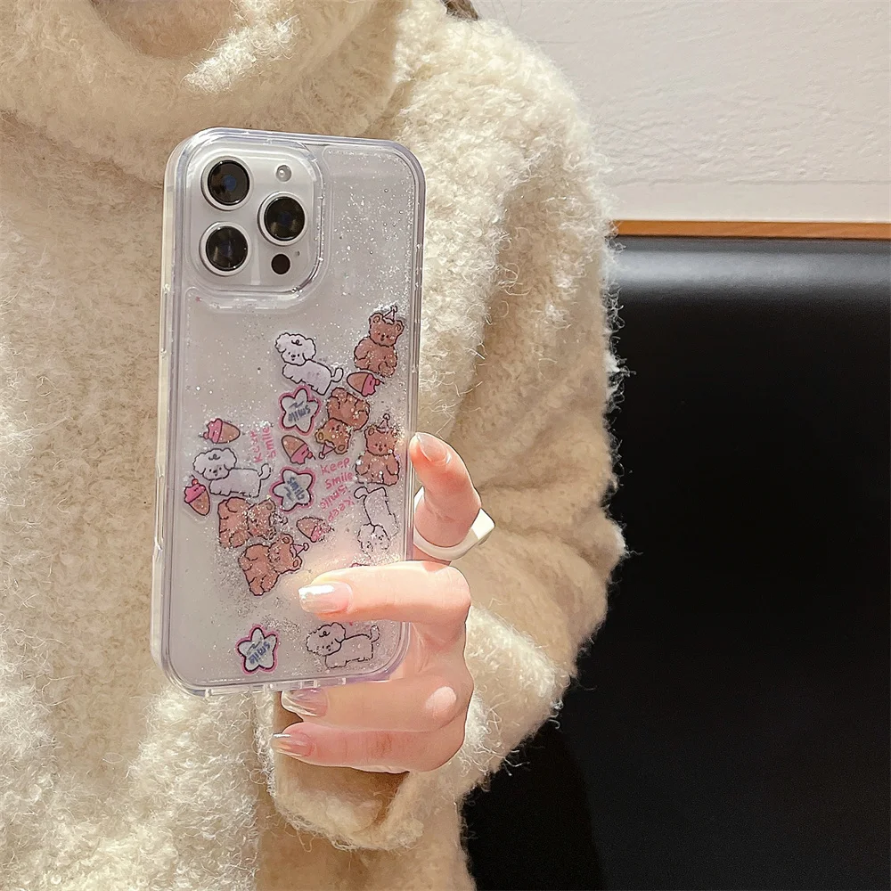 3D Quicksand for Liquid Glitter Cartoon Bear Case for iPhone 16 15 14 13 11 12 Pro Max 16 Plus Flowing Sand Cute Dog Shiny Cover