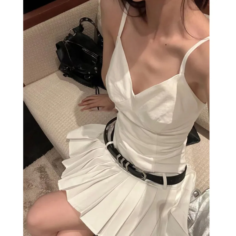 

Korean Fashion Pleated Skirts Dresses With Belt Women Summer Sexy White Black Slim Camisole Dress Short Mini Skirt Clothing Jk