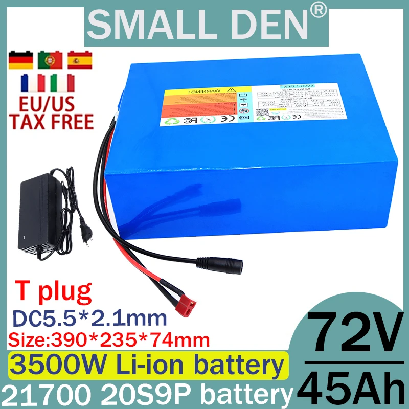 72V 45ah 21700 lithium battery pack 20S9P, with BMS and same port 50A 100-3500W large capacity lithium+84V 2A 3A 5A charger