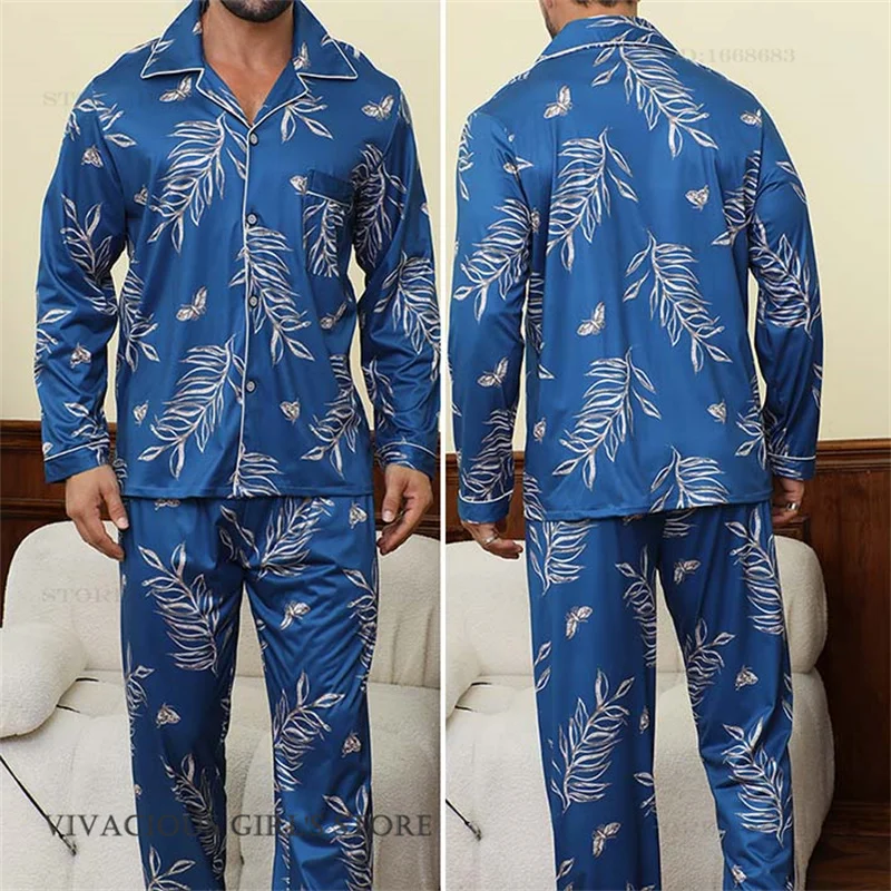 Men's Pajamas Set Loungewear Spring Autumn New Long Sleeve Trouser Pijamas Suit Blue Print Leaf Sleepwear Homewear Loose Pyjama