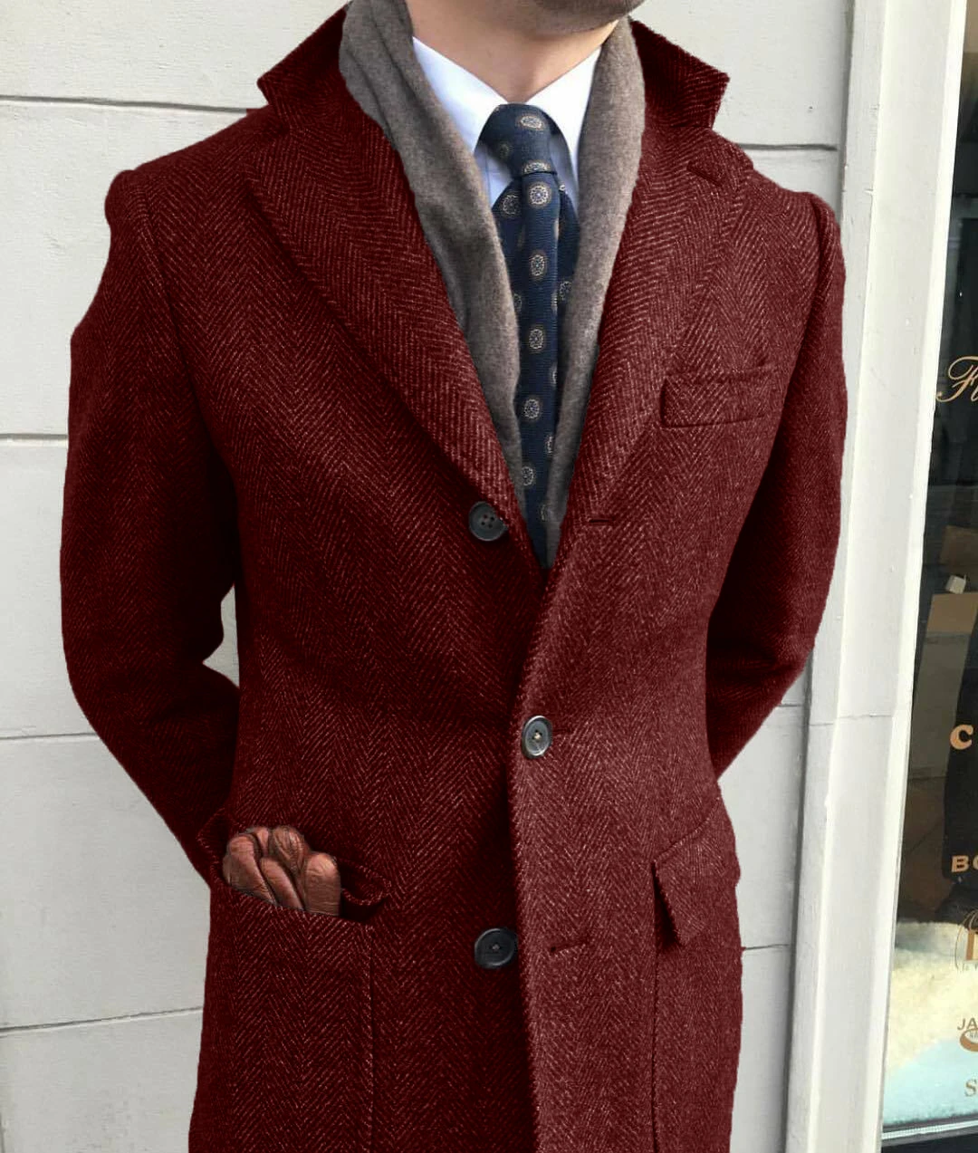 Cortavientos clásico para hombre, chaqueta de traje de mezcla de lana de Tweed en espiga, abrigo largo cálido de invierno, abrigo para deportes al aire libre, erkek mont