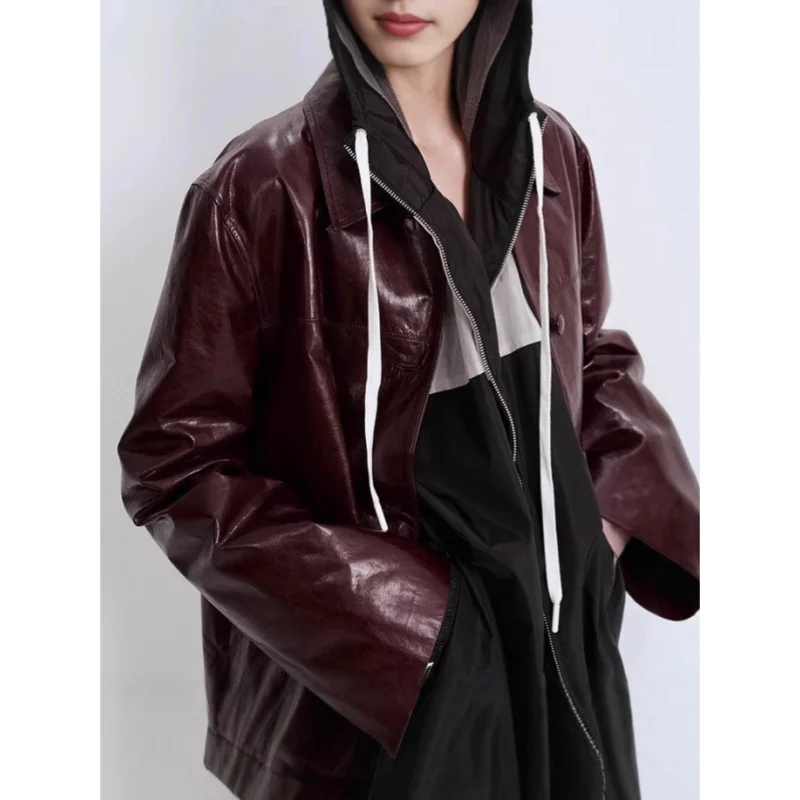 Damen-Jacke aus echtem Leder, leichter und lässiger Retro-Stil, ölgewachstes Schaffell, modisches Revers, weit geschnittener Trenchcoat