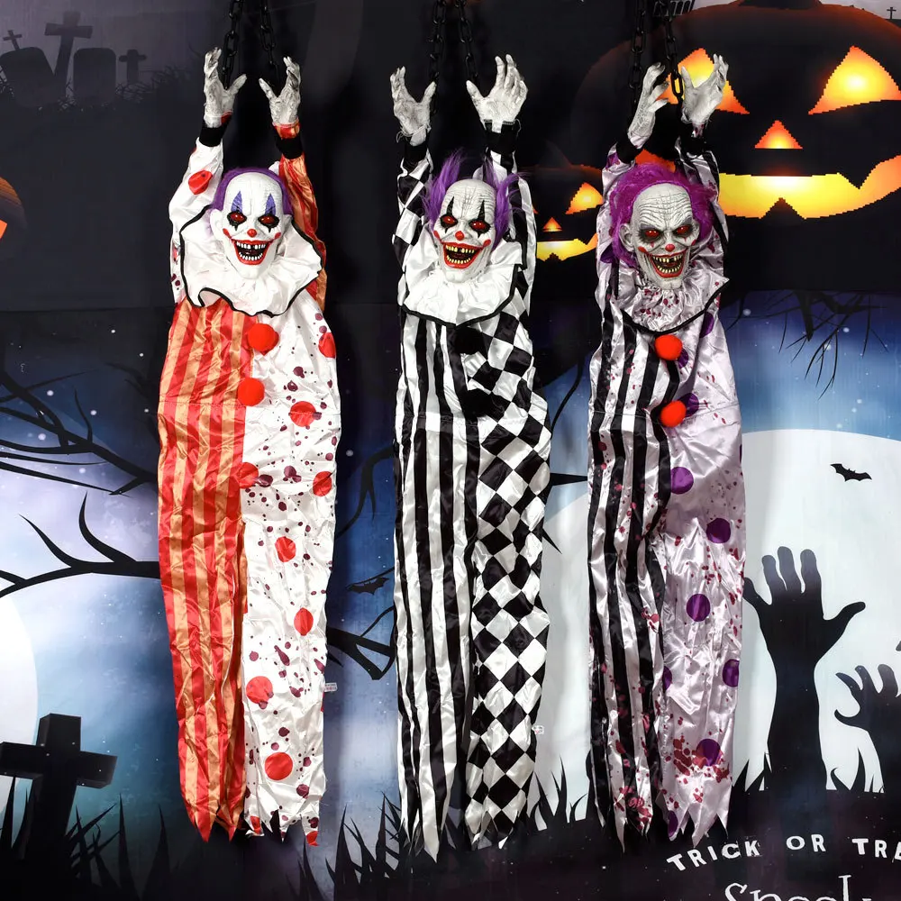 Animated Hanging Halloween Clown with Chain and Glowing Eyes description 4