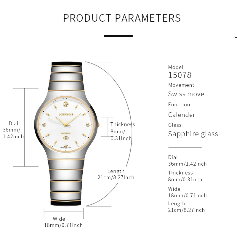 Johnboss круглые ультратонкие часы из вольфрамовой стали диаметром 8 мм, мужские швейцарские кварцевые часы, часы с сапфировым стеклом, деловой диаметр