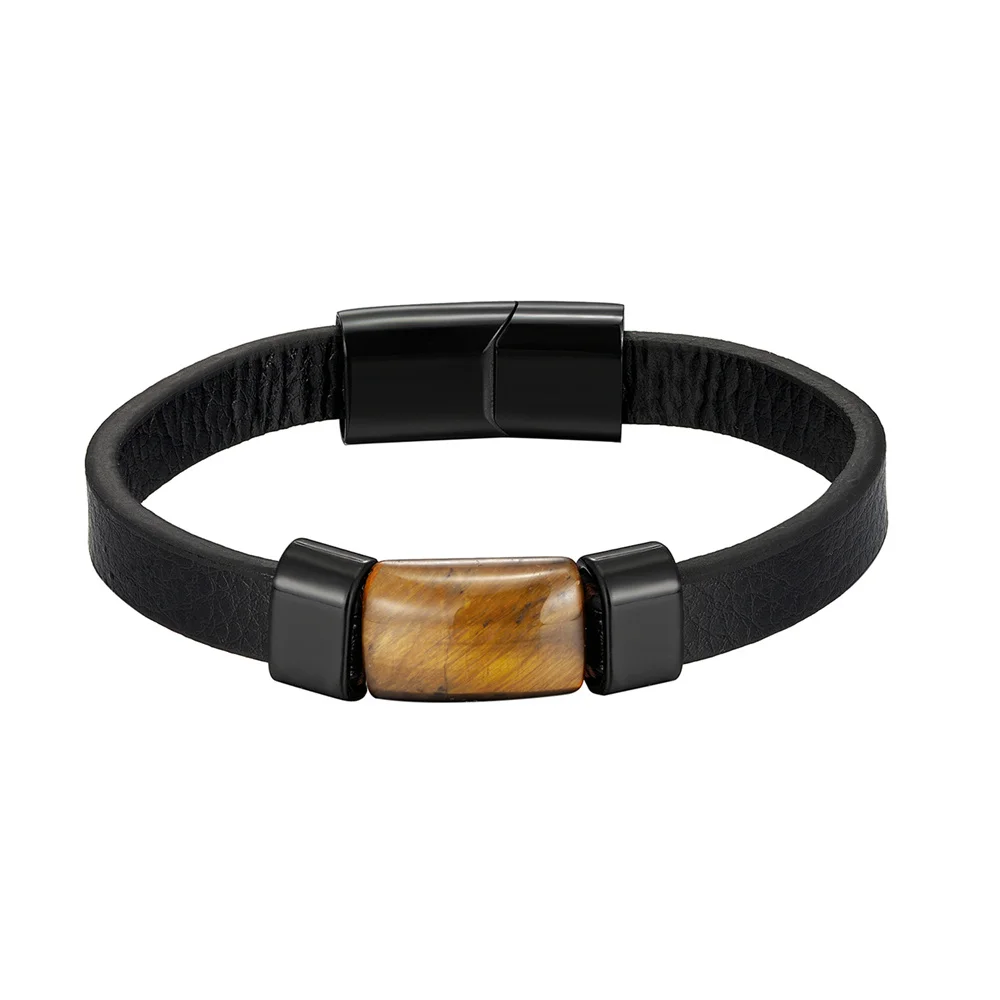 New High Quality Rectangular Tiger Eye Bracelet Men Stainless Steel Accessories Bracelet Women Leather Rope Jewelry Accessories
