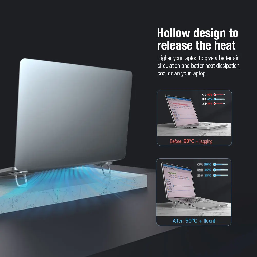 NILLKIN 3/11/16° Adjustable Laptop Stand, Aerospace Aluminum Alloy Portable Holder, Anti-Shake Cooling Pad & Non-Slip Silicone