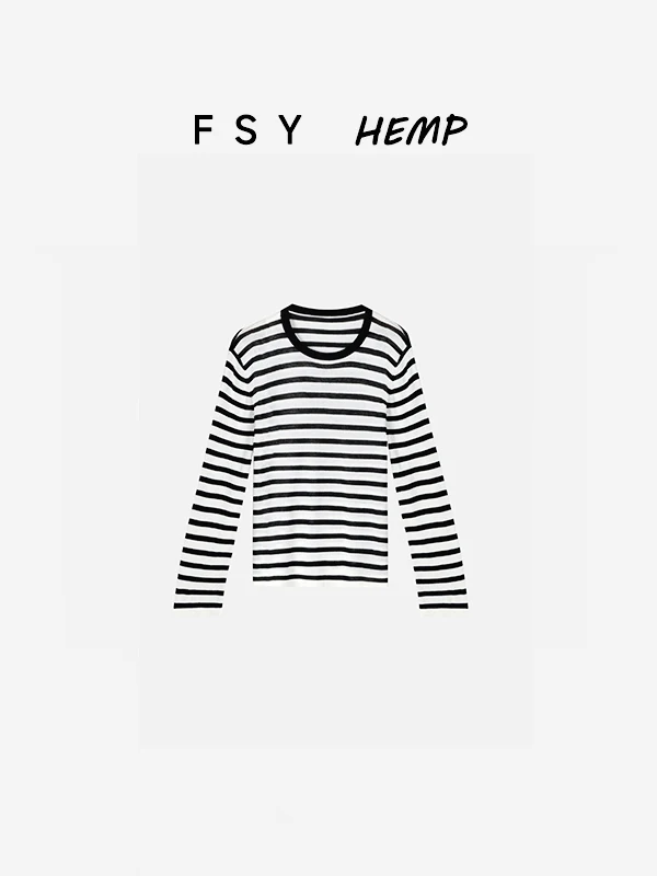 

Women's Slim Fit Long Sve T-irt Linen Knitted Top Casual Sle Spring Faion Soft Texture Striped Design Comfortable Wear