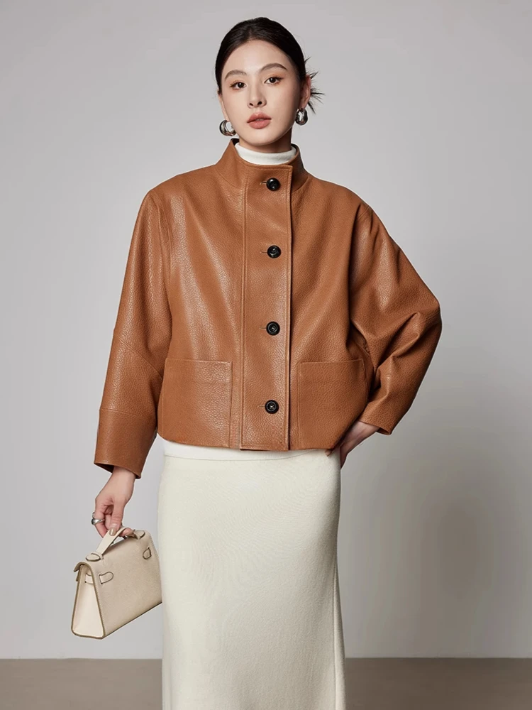 Chaquetas cortas informales de cuero genuino para mujer, abrigo sencillo y holgado con cuello alto y textura de lichi, piel de oveja auténtica, campera de cuero para mujer