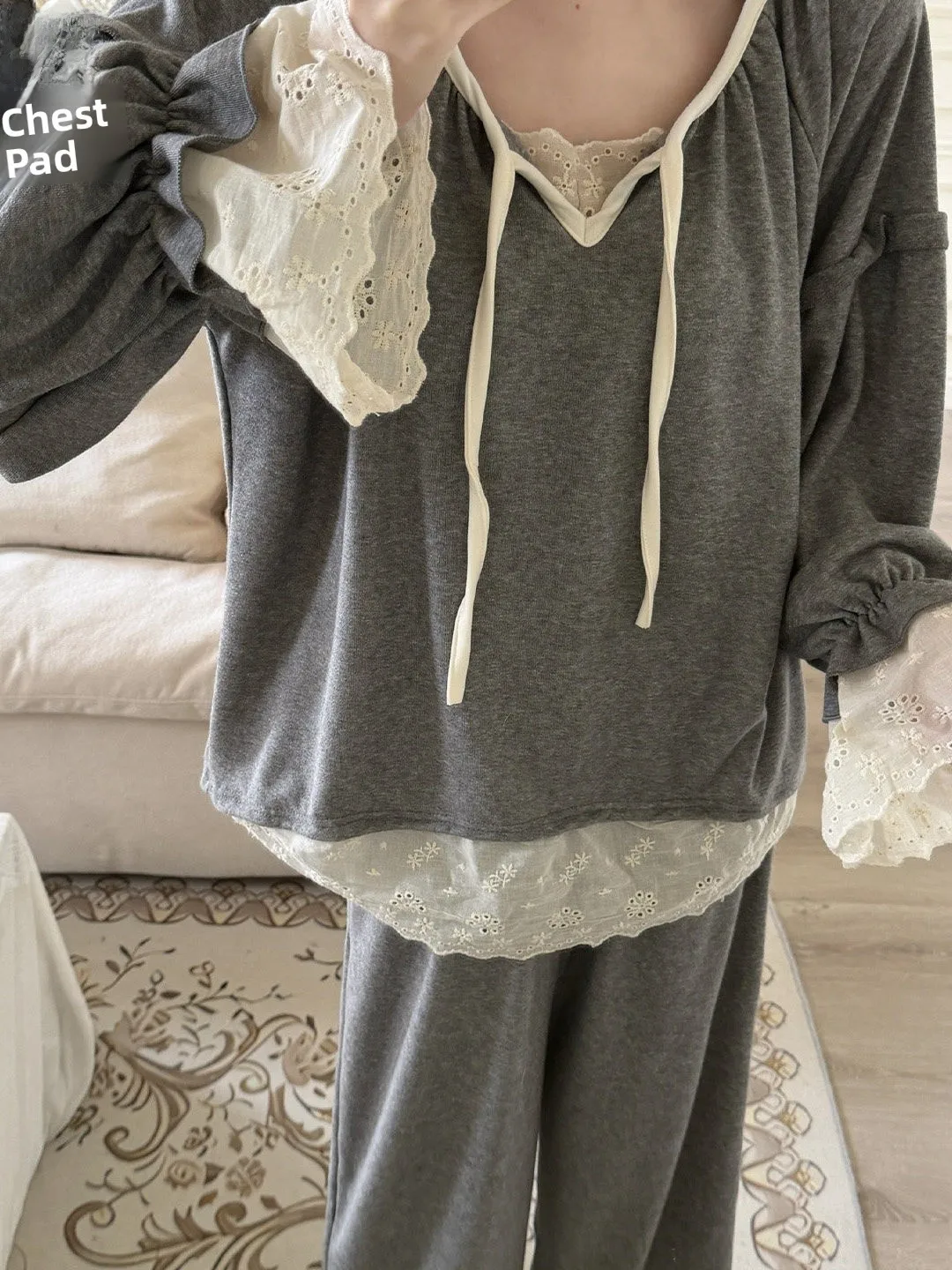 Thick Cashmere Sleepwear Women's Long Sleeve Lace Robe Autumn Winter Home Clothes Set with Chest Pad Classical Court Style