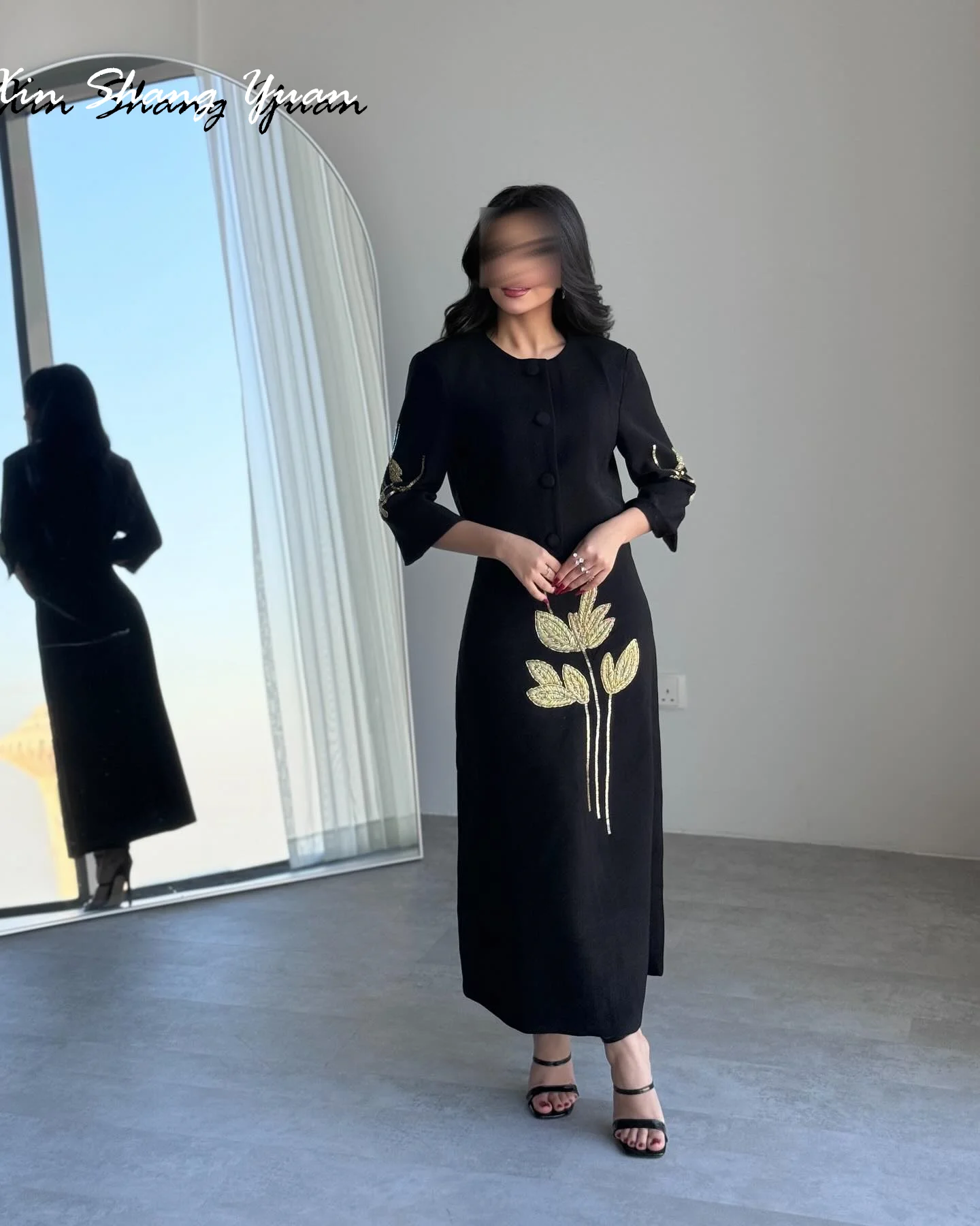 Vestido de noche personalizado, Jersey exquisito, cuello redondo, mangas 3/4, vestidos de graduación, delicados, corte en A, hasta el tobillo, botones, vestidos de fiesta