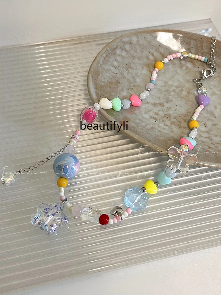 

Summer Dopamine Color String Beads Pendant Necklace Light Luxury Minority Clavicle Chain Neck Chain Accessories for Women