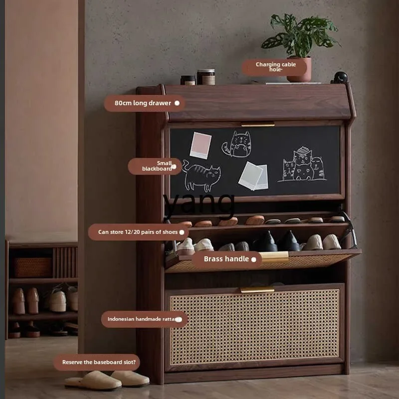 LMM  black walnut shoe cabinet ultra-thin tipping bucket shoe rack rattan entrance cabinet