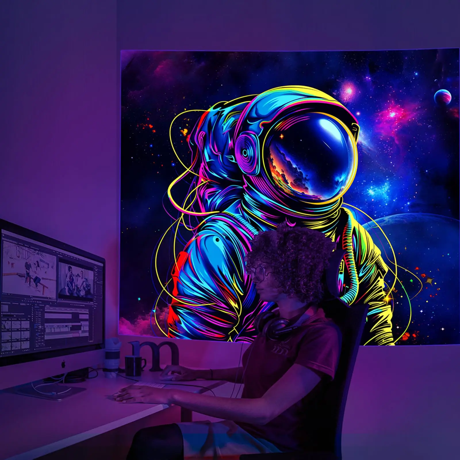 VIKAMA Fluoreszierender Wandteppich, Astronaut, Wohnzimmer, Schlafzimmer, Schlafsaal, Wanddekoration, hängende Wandkunst, einfach zu hängende Heimdekoration