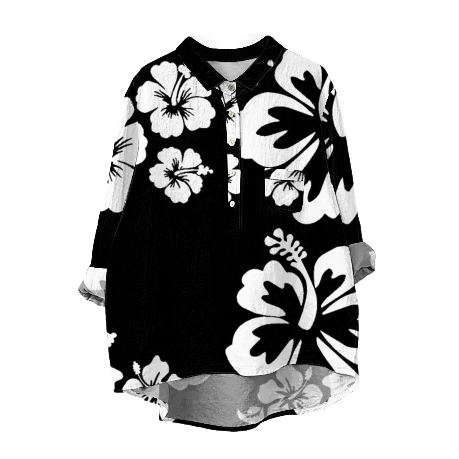 

Plus Size Printed Woman Shirt Sweet Blouse Spring Autumn Long Sleeve Blouse Top Women's Lapel Neck Cotton And Linen Shirts 5xl