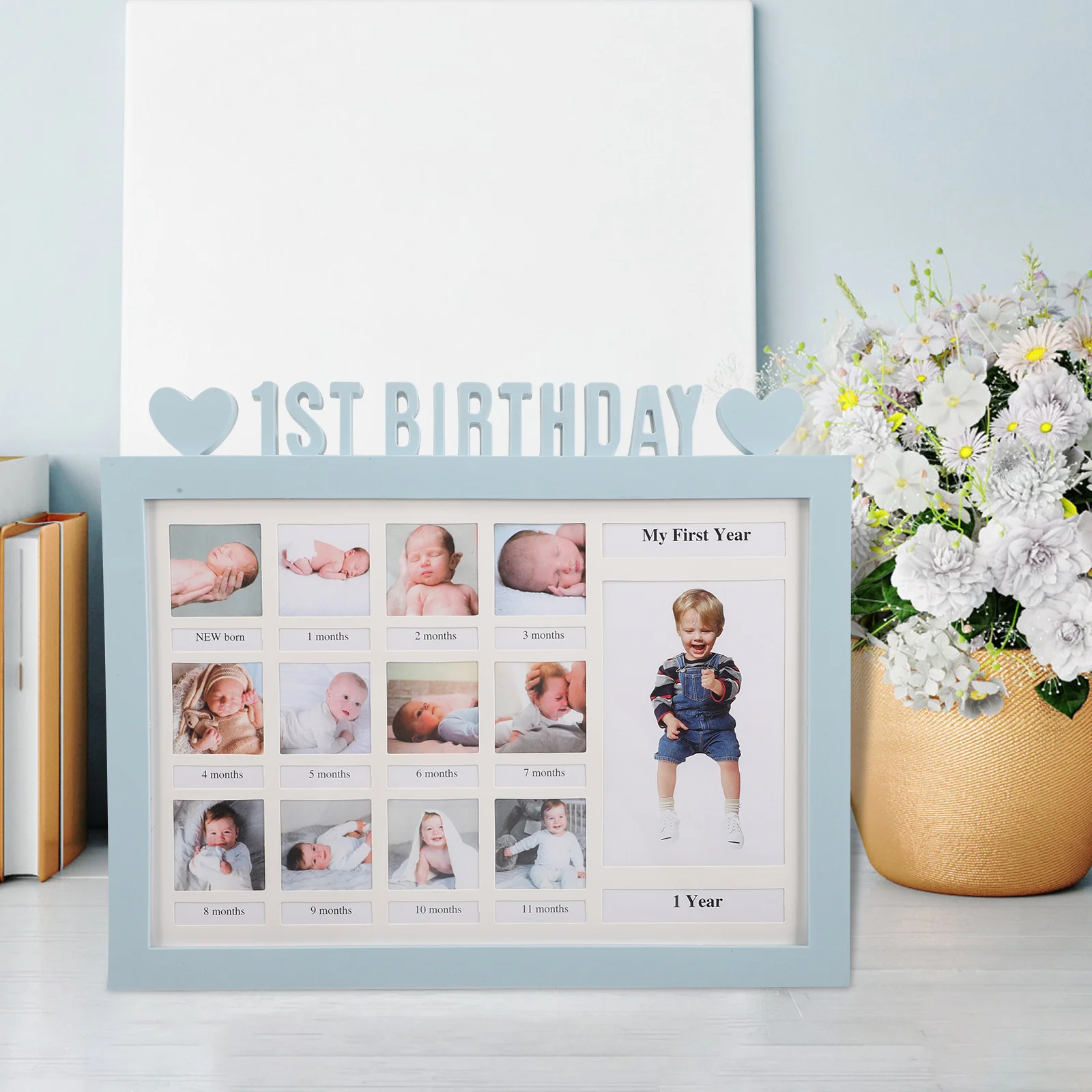 

Baby 1St Year Milestone Picture Frame 12 Month Infant Growth Record Baby Boy Photo Display Keepsake Frame Book