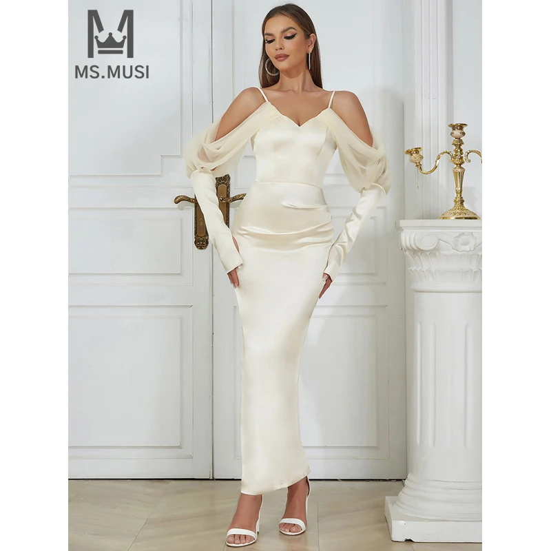 

MSMUSI 2024 New Fashion Women Sexy Strap Off The Shoulder Lace Mesh Draped Fold Long Sleeve Bodycon Party Club Event Maxi Dress