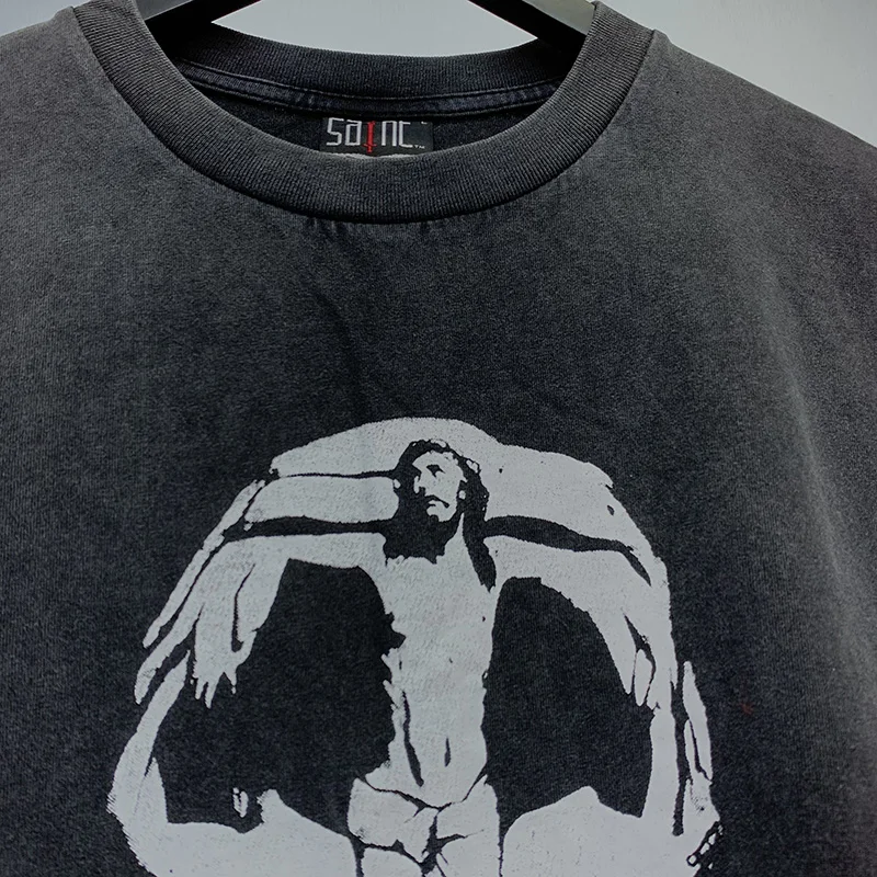 New Saint T-shirt Character Skull Pattern Printing Wash Black Men Woman Good Quality Loose Casual Top Tees