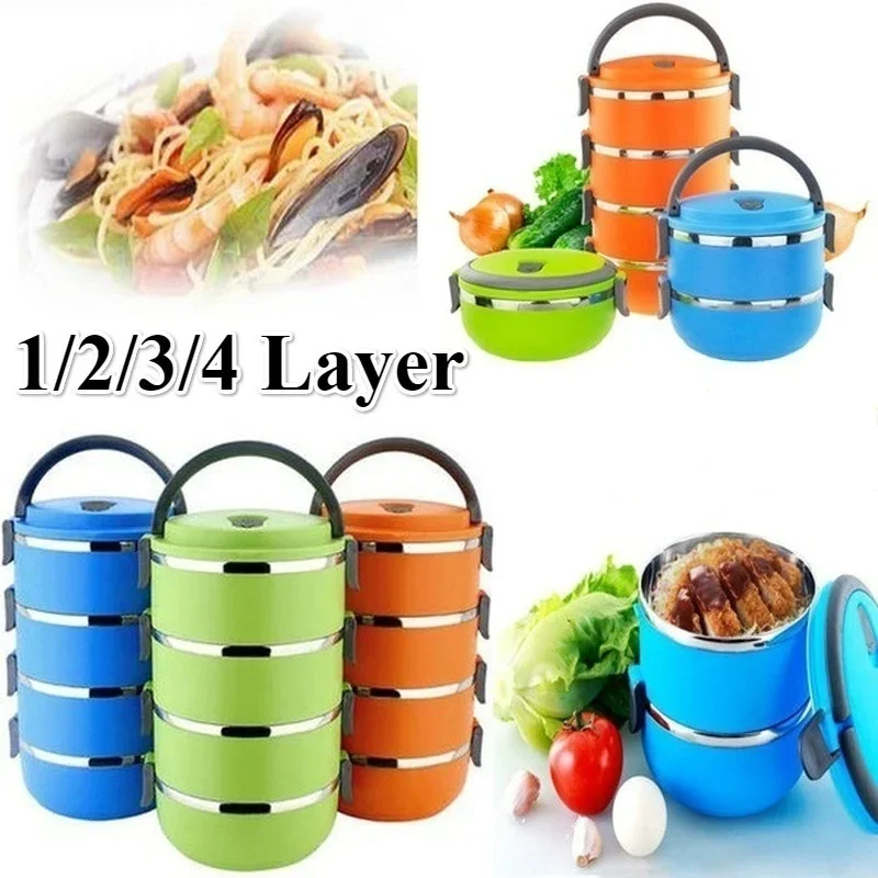 1/2/3/4 Food Container Round Color Random Layer Portable Stainless Steel Thermal Insulated Lunch Box  Kids Bento Box