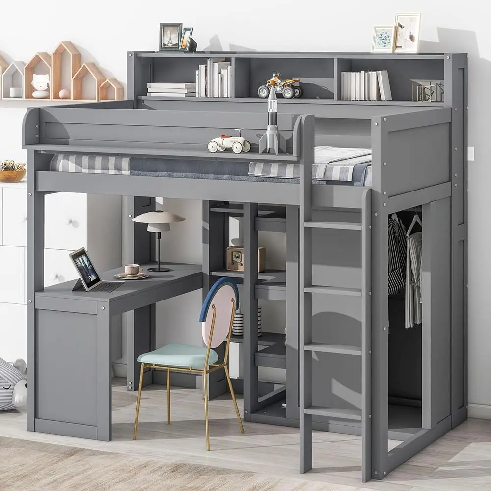 

Twin Size Loft Bed with Wardrobe, Desk, and Storage Shelves, Solid Wood Design for Kids, Teens, and Adults in Gray