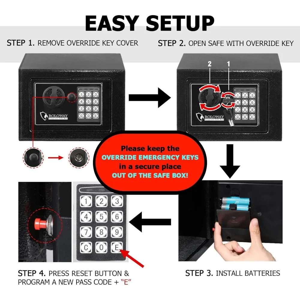 Cassetta di sicurezza per soldi in acciaio per la casa con salvadanaio ignifugo per contanti nascosti, cassetta di sicurezza con chiavi e tastiera (nero)
