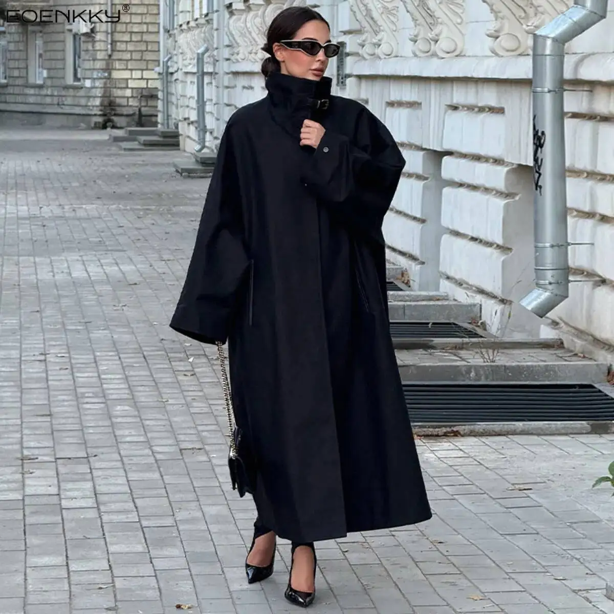 

Black Stand Collar Trench Coat Women Fashion Long Sleeve Single-breasted Loose Windbreaker 2025 Autumn Lady High Street Outwear