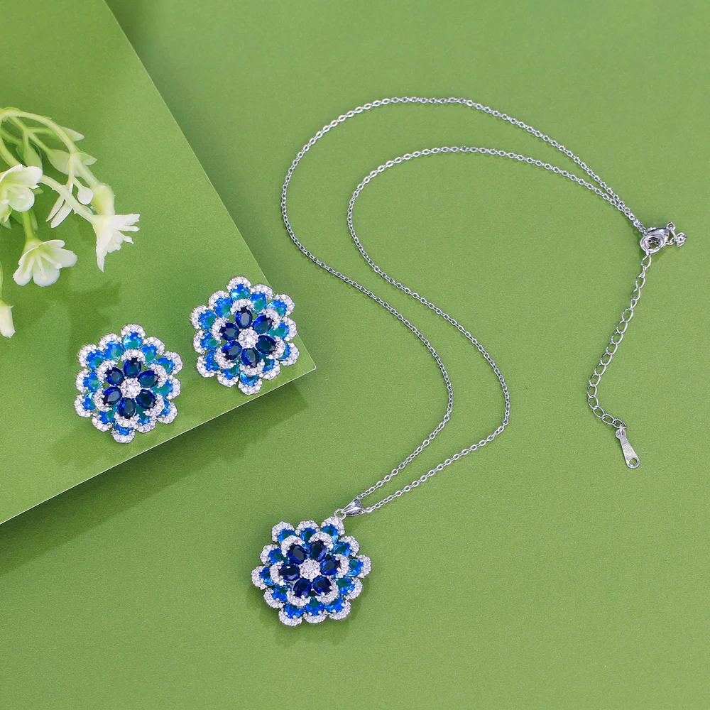 CWWZircons Art Deco Luxus-Ohrringe und Halskette mit blauem Zirkon in Blumenform, Damen-Partyschmuck-Sets, Großhandel T0195 – Detail 5
