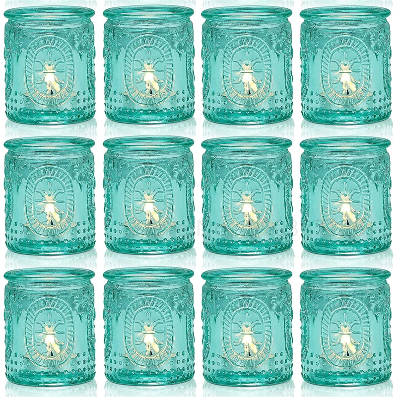 12pcs Vintage Candle Holders- Gift,Home Decor,Part,Festival-Teal Turquoise Green,Glass,Votive Candle Holders Bulk for Wedding