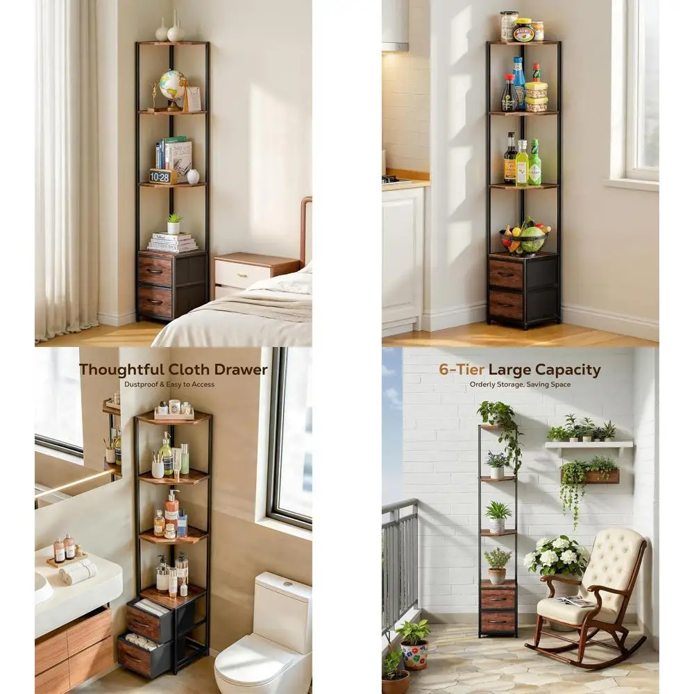 

63.4 6-Tier Bookshelf with Fabric Drawers, Freestanding Storage Shelving for Home Use (Black + Brown)