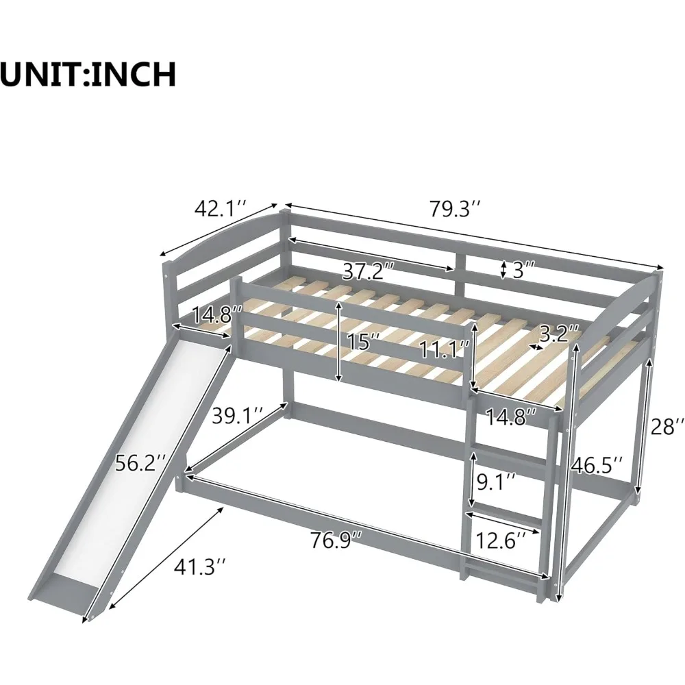 Solid Wood Low Bunk Bed w Slide, Ladder, Safety Guard Rails, 400LBS Wooden Twin Bunk Beds for Teens/Adults