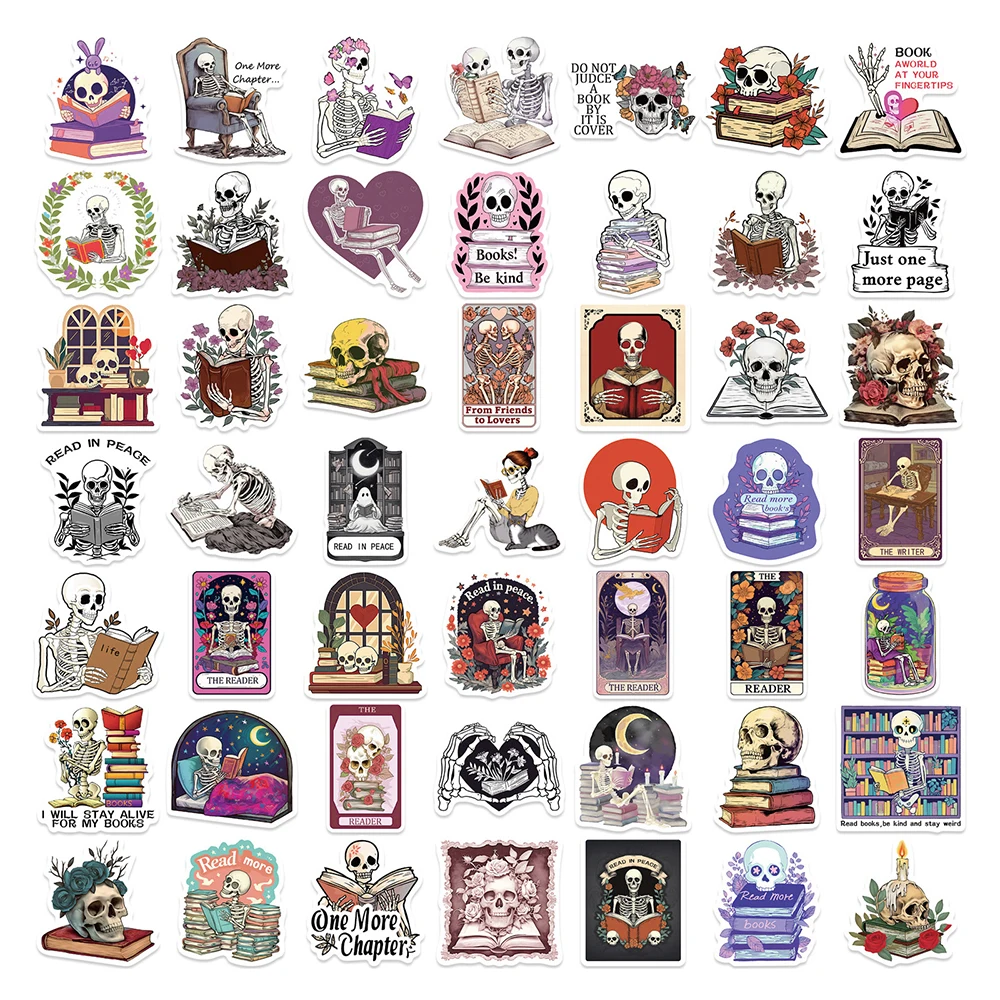 10/30/50 pçs engraçado dos desenhos animados crânio leitura livro adesivos romântico bookish decalques diy papelaria mala portátil legal adesivo decoração