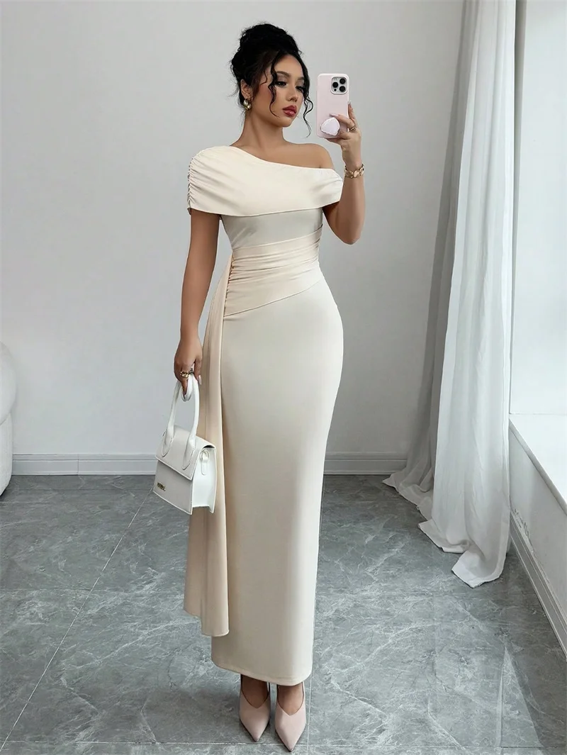 

Ivory Prom Dress Sexy One Shoulder Short Sleeves Ruffles Sheath Party Gown Casual Hot Girl Formal Wedding Guest Birthday Robe