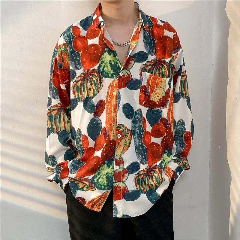 2023 Summer Hawaiian Shirt Men Cactus Full Print Shirts Tropical Plant Long Sleeve Blouses Vacation Vintage Camisas