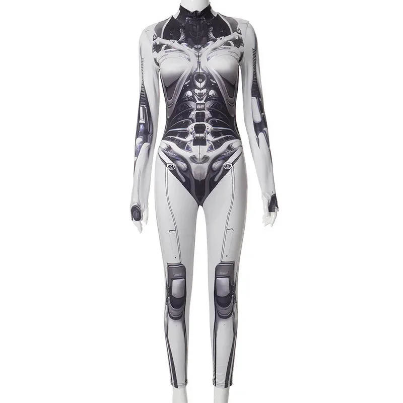 3D Mechanical Printed Jumpsuit European And American Cosplay Semi Sexy Jumpsuit Montage High Neck Couple Halloween Bodysuit New