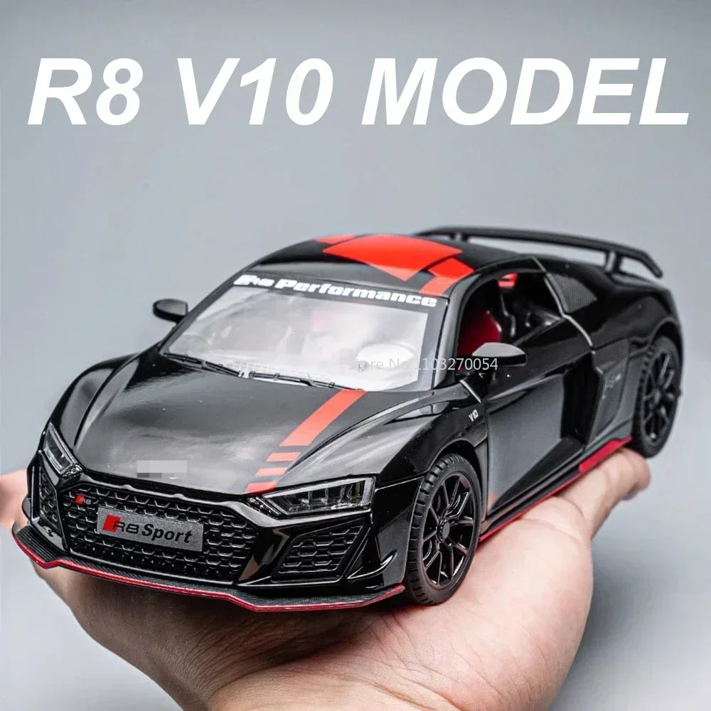 1/24 R8 V10 다이캐스트 금속 합금 장난감 모형 자동차 시뮬레이션 컬렉션 사운드 및 라이트 후진 기능 정교한 인테리어 차량