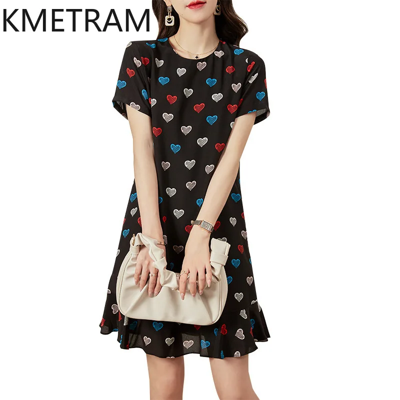 

KMETRAM Mulberry Silk Dress for Women Heart Print New in 2024 Summer New Women's Clothing Ruffle Edge Medium Long Silk Skirt