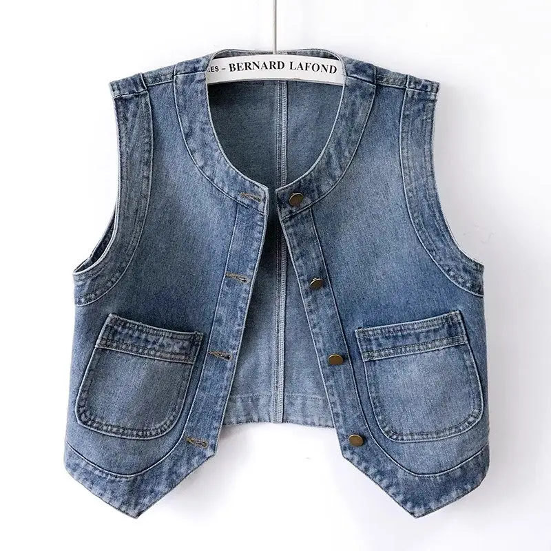 

Retro Round Neck Casual Denim Vest Women's Summer 2023 Short Sleeveless Jeans Jacket Korean Fashion Slim Outerwear Z2588