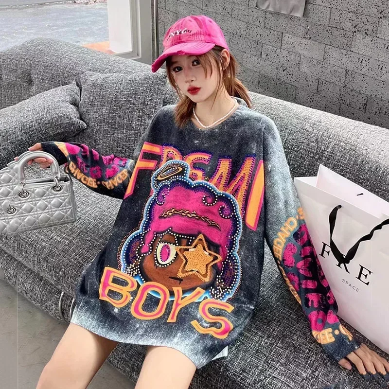 Cartoon Pattern Diamonds Sweater Women Pullovers Fashion Printed Autumn Winter Vintage Clothes Loose Casual Long Sleeve Hoodies