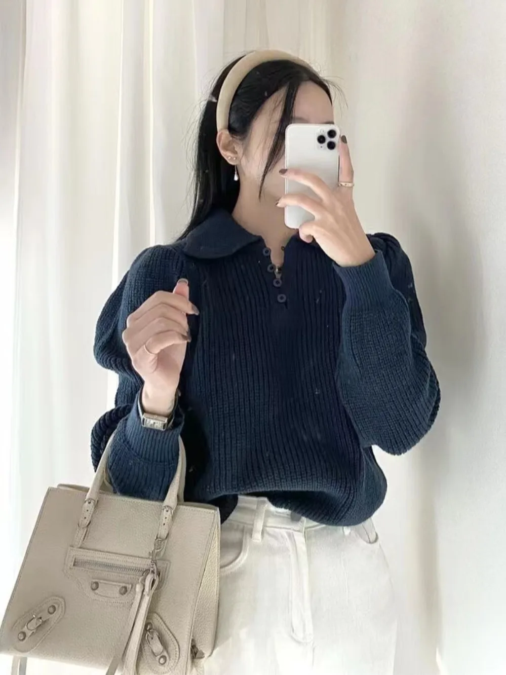 الكورية Sle المرأة محبوك سترة فقاعة Sve العلوي التخسيس خمر طوق الخريف الشتاء Faionable رداء علوي غير رسمي #4