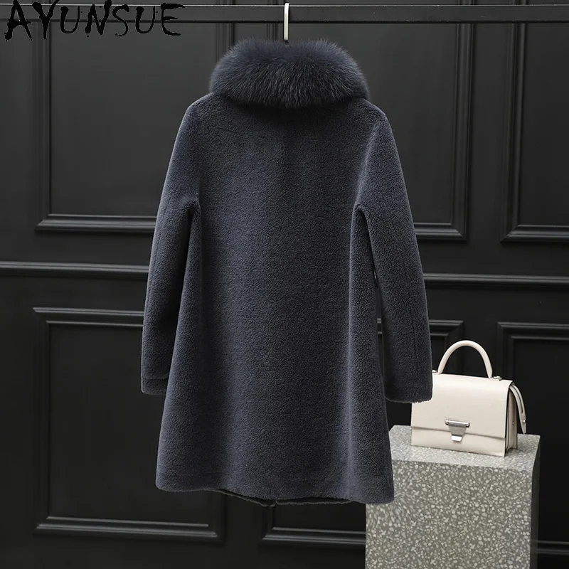 معطف صوف 100% من AYUNSUE للنساء 2025 سترة شيرلينغ من الأغنام الحقيقية بياقة من فرو الثعلب ملابس شتوية للسيدات من الفرو المركب palzt Жengarško