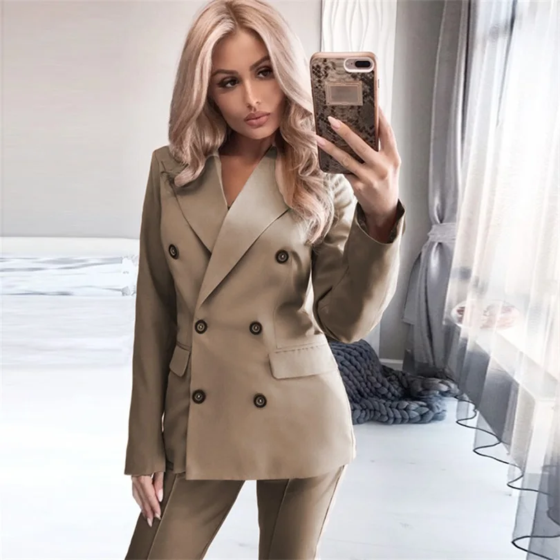 

TYHRU Women Autumn Solid Color Lapel Long Sleeve Double Breasted Blazer Pants Two-piece Women's Costume