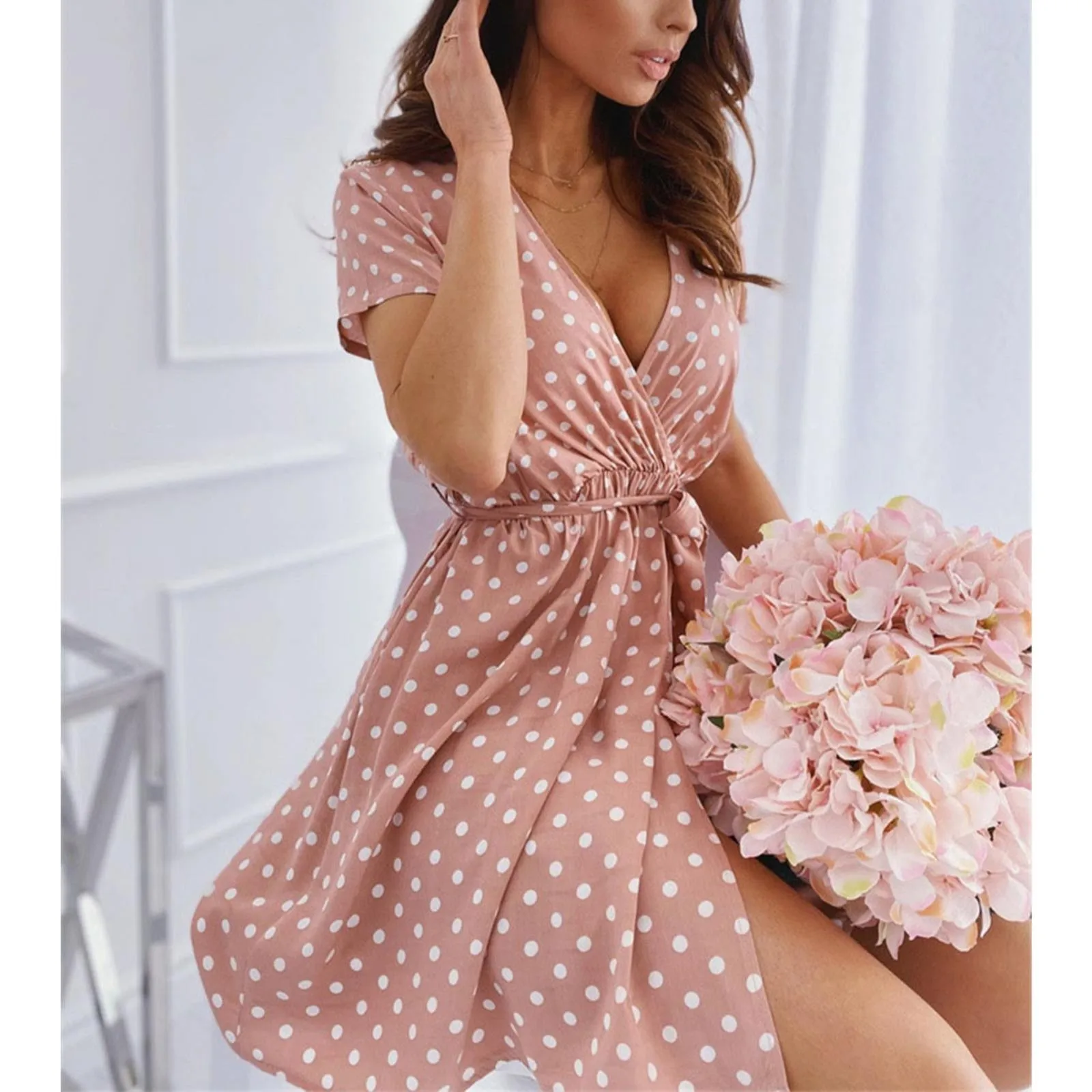 Elegant Polka Dot Printed Short Dresses Sexy Deep V Neck Lace Up Waisted Dress Spring Summer Casual Beach Sundress Ropa De Mujer