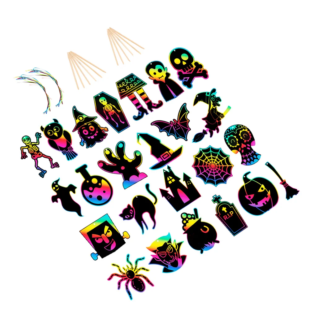 60 Pcs Halloween Scratch off Paper for Toy Kids Gift Wooden Stick Party Toddler Child