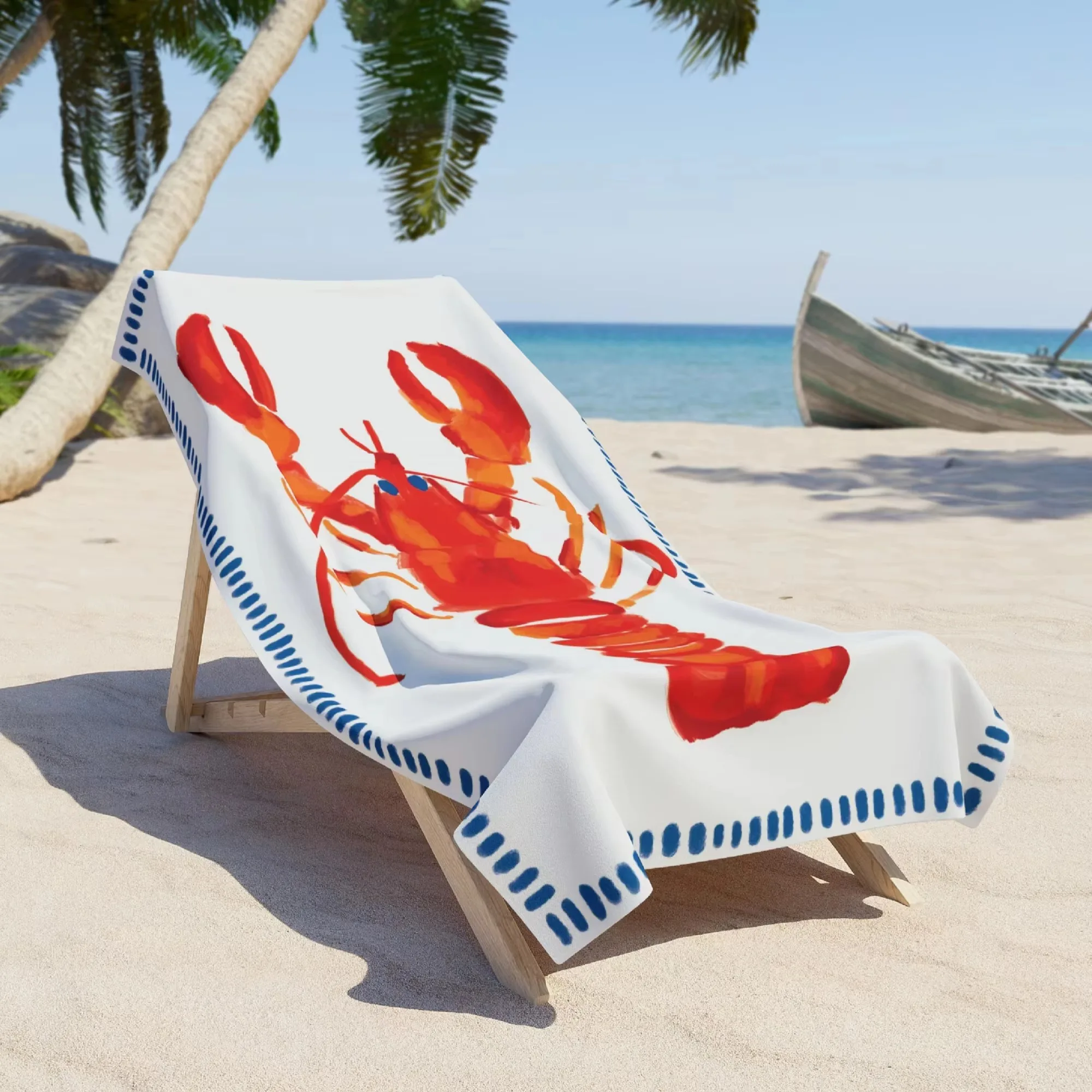 Coastal Watercolor Red Lobster Beach Towel Soft Quick Dry Absorbent Microfiber for Pool Beach Travel Bath Navy Trim