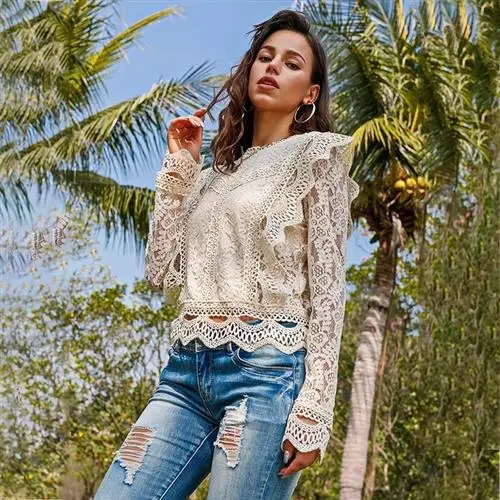

Women's White Floral Long Sve irt V-Ne Street Sle Cotton Blouse Loose Fit Autumn Faion Top for Ladies