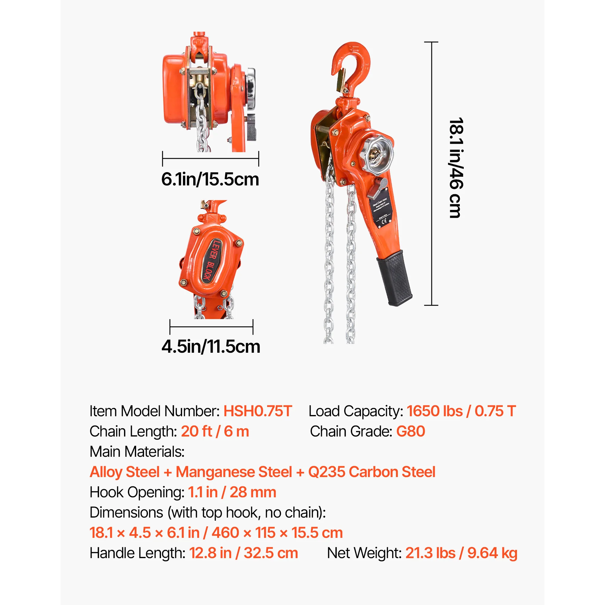 SucceBuy 0.75T handkettingtakels met hendel, 5/10/20FT hefhoogte, met dubbele pons & 360° ° Draaiende haken voor magazijn/garage