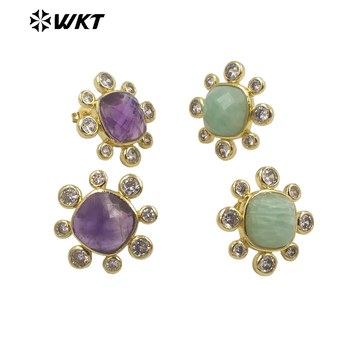 WT-ME091 Wholesale newest fashion square gemstone with clear cubic zircon around setting earrings studs gold Birthday earring