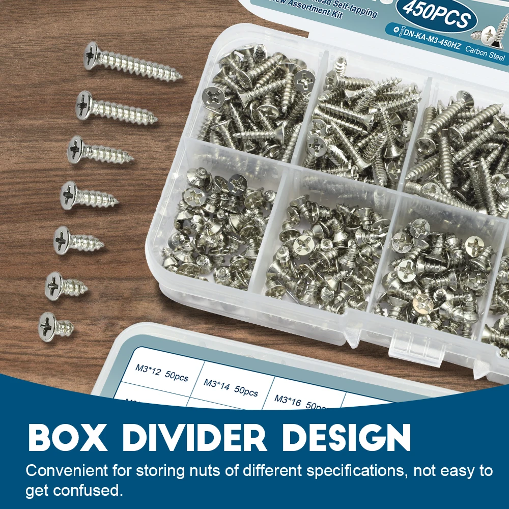 190/450/800/1300pcs Cross Flat Head Self-tapping Screws Set Assortment Kit Nickel Plated M1-M4 Phillips Head Wood Screw
