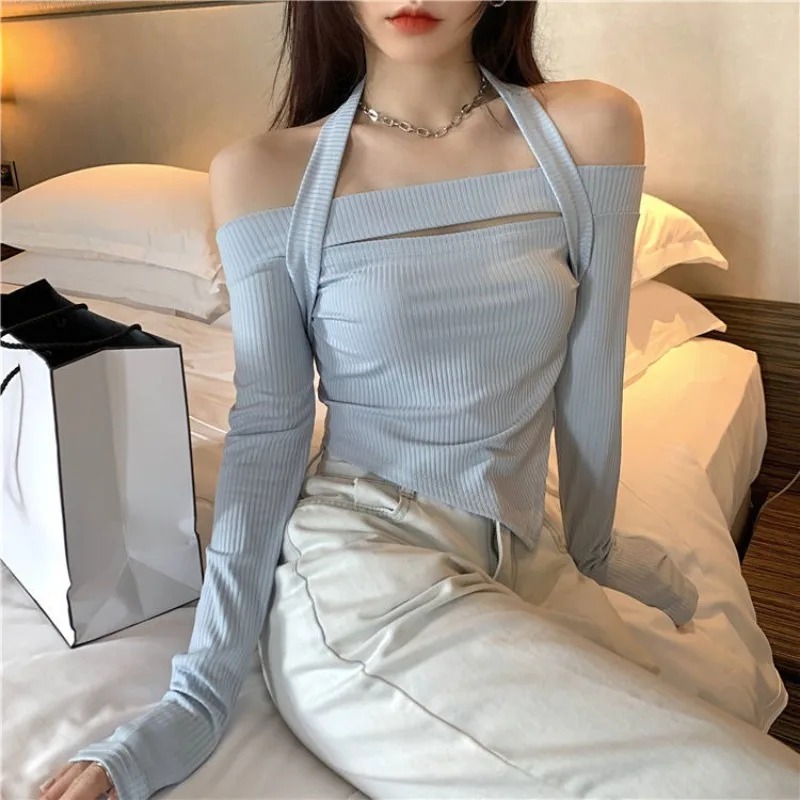 T-shirt a maniche lunghe Donna Slim Basic Halter Hotsweet Casual Primavera Dolce Stile College High Street Ins Harajuku Solido Ritagliato