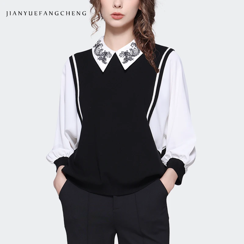 2023 Autumn Women Polo Shirts Fake Two Piece Loose Knitted Shirt Spliced Knitted Top Embroidered Lantern Sleeve Women's Shirt